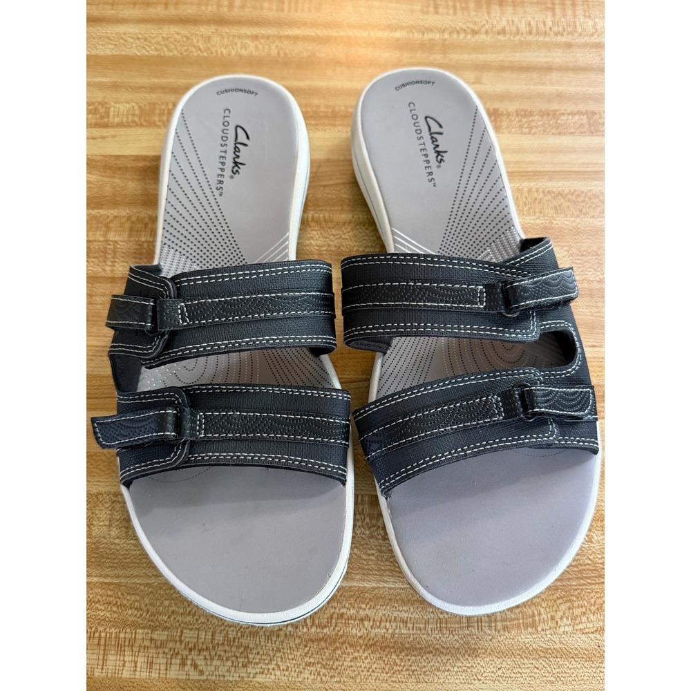 Clarks Cloudsteppers Women's Black Grey Adjustable Strap Slide Sandals Size 10
